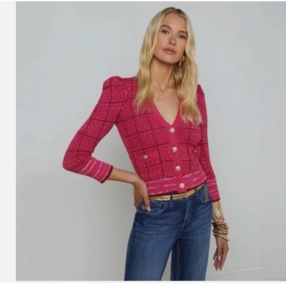 L'Agence Pink Jenni Cardigan Boucle Puff Sleeve Sweater Nwt XL